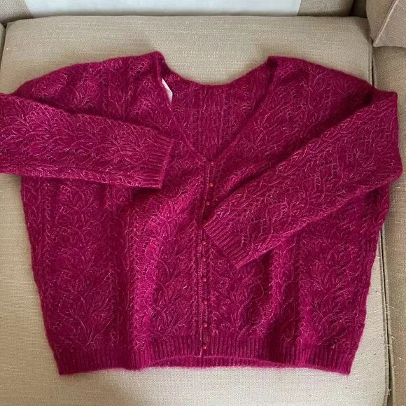 EUC Sezane Lison Cardigan M Pink Framboise French Knit Causal Wool/Kid Mohair - Picture 3 of 8